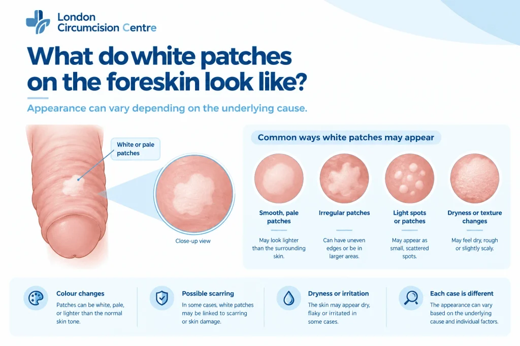 What do white patches on the foreskin look like